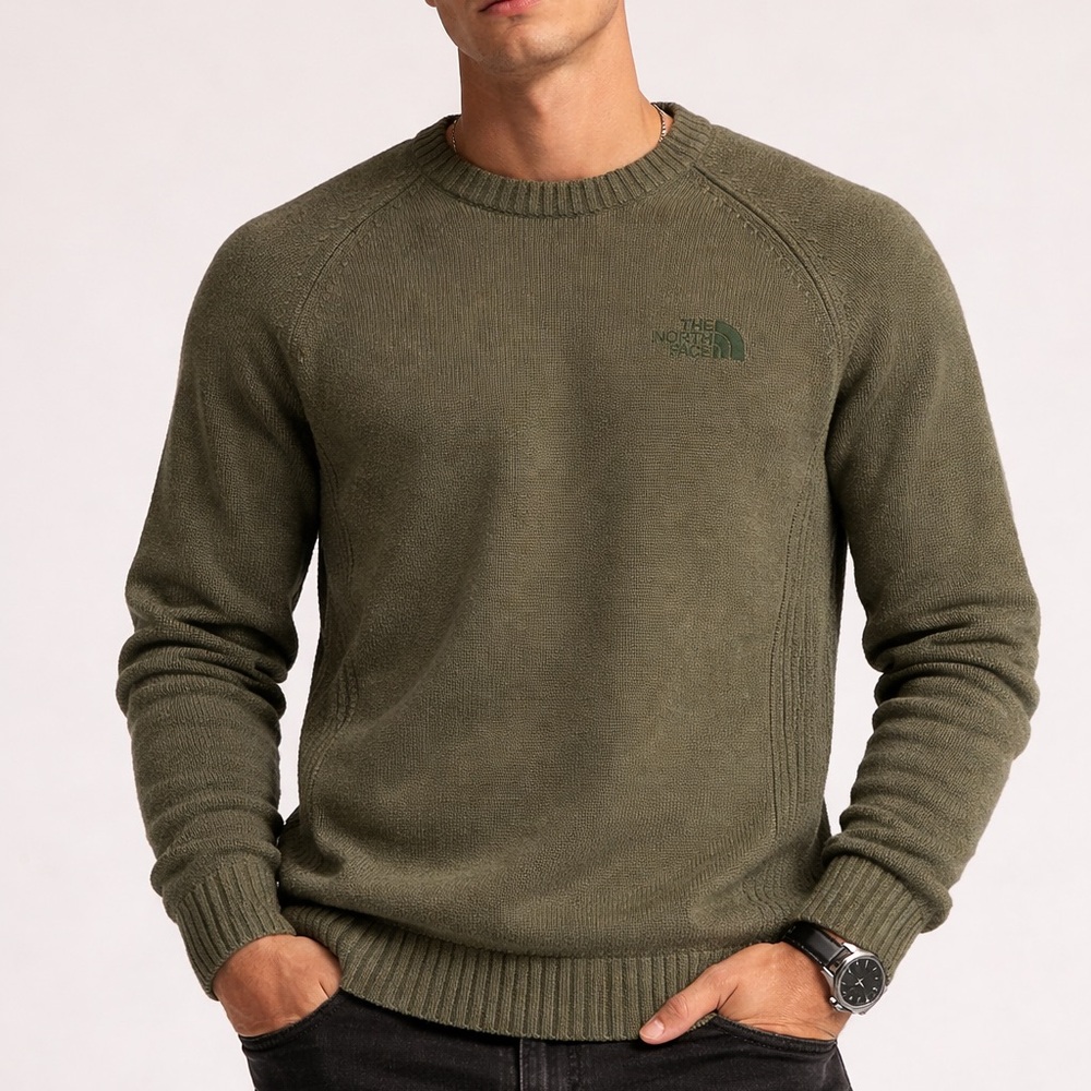 The North Face Men's Army Green Crewneck Cotton/Wool blend Sweater Large GUC